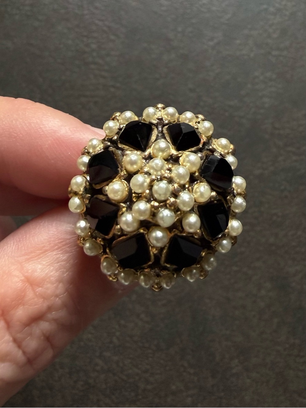 Gold-Tone Black Glass and Pearl Cluster Ring - Elegant Statement